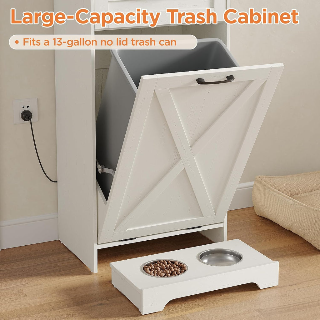 Tilt Out Trash Can Cabinet with Dog Bowl and Drawer, 13 Gallons Hidden Trash Cabinet with Charging Station, Storage