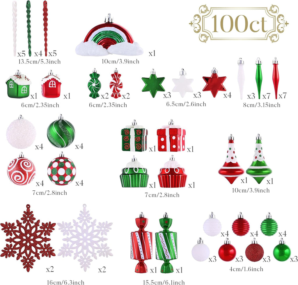 Christmas Tree Ornaments Set, 100ct Candy Cane Red Green Shatterproof Christmas Tree Decorations Bulk, Variety