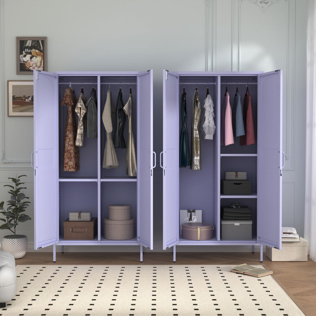 Lockable Closet Metal Wardrobe 67" Purple 2 Door Wardrobe Bedroom Storage Cabinet Adjustable shelf Multi functional