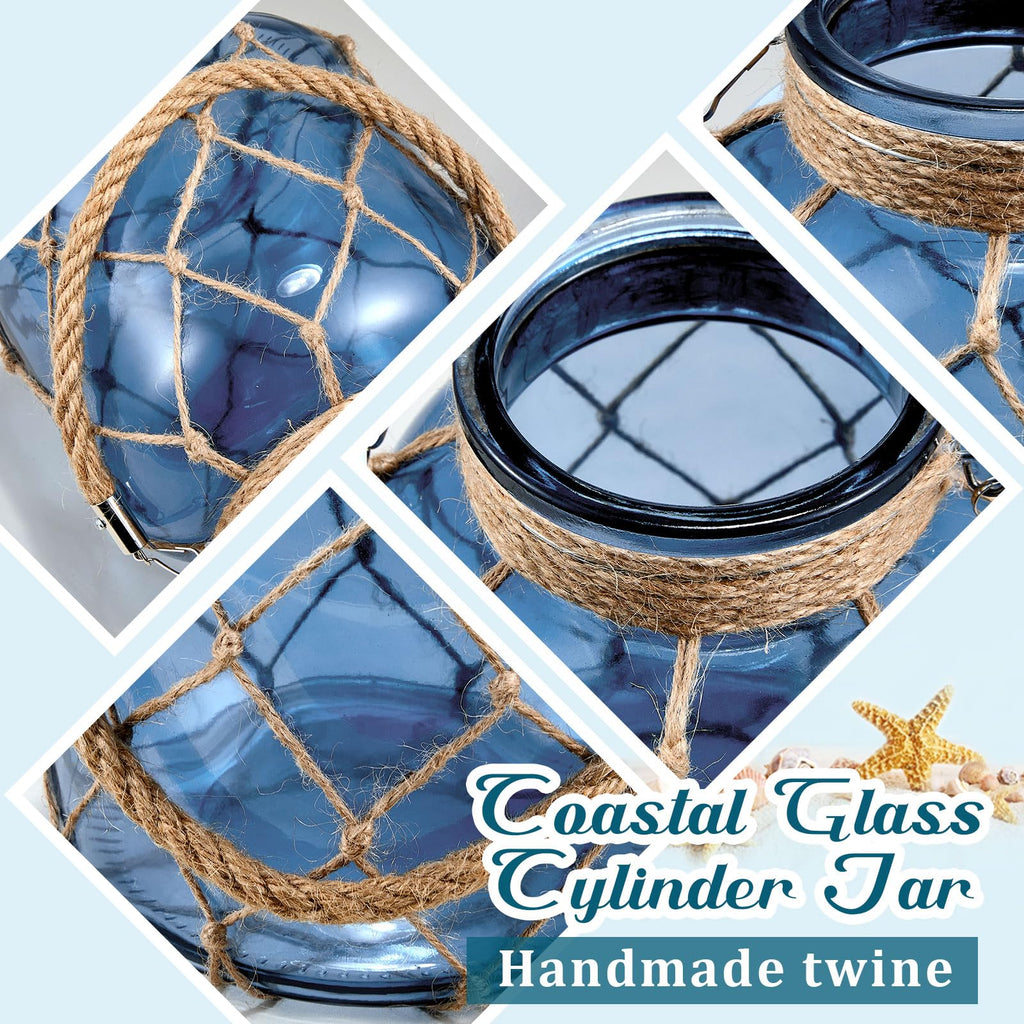 2 Set Nautical Lanterns Rope Handle, Coastal Glass Jar, Navy Blue