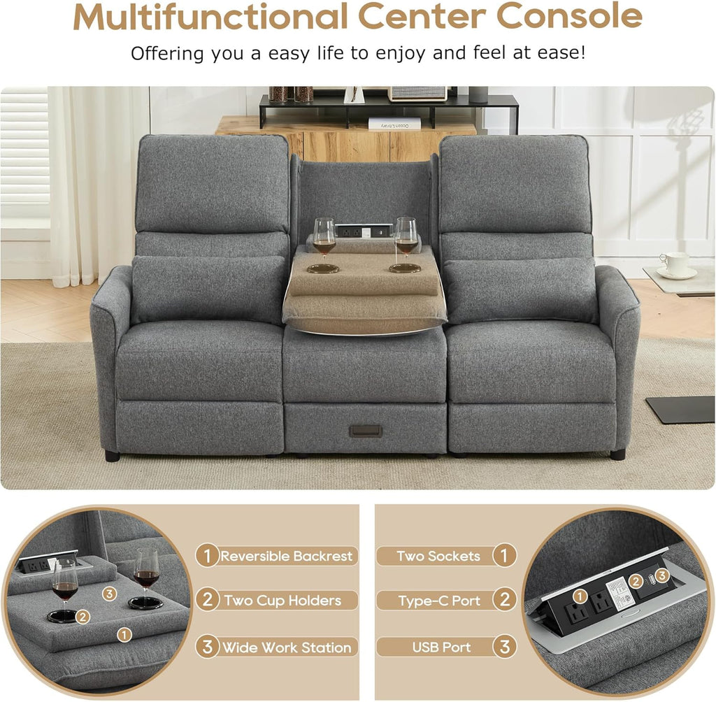74'' RV 3 Seater Recliner Sofa, Linen Fabric Three Camper Couch 3 Seater Recliner