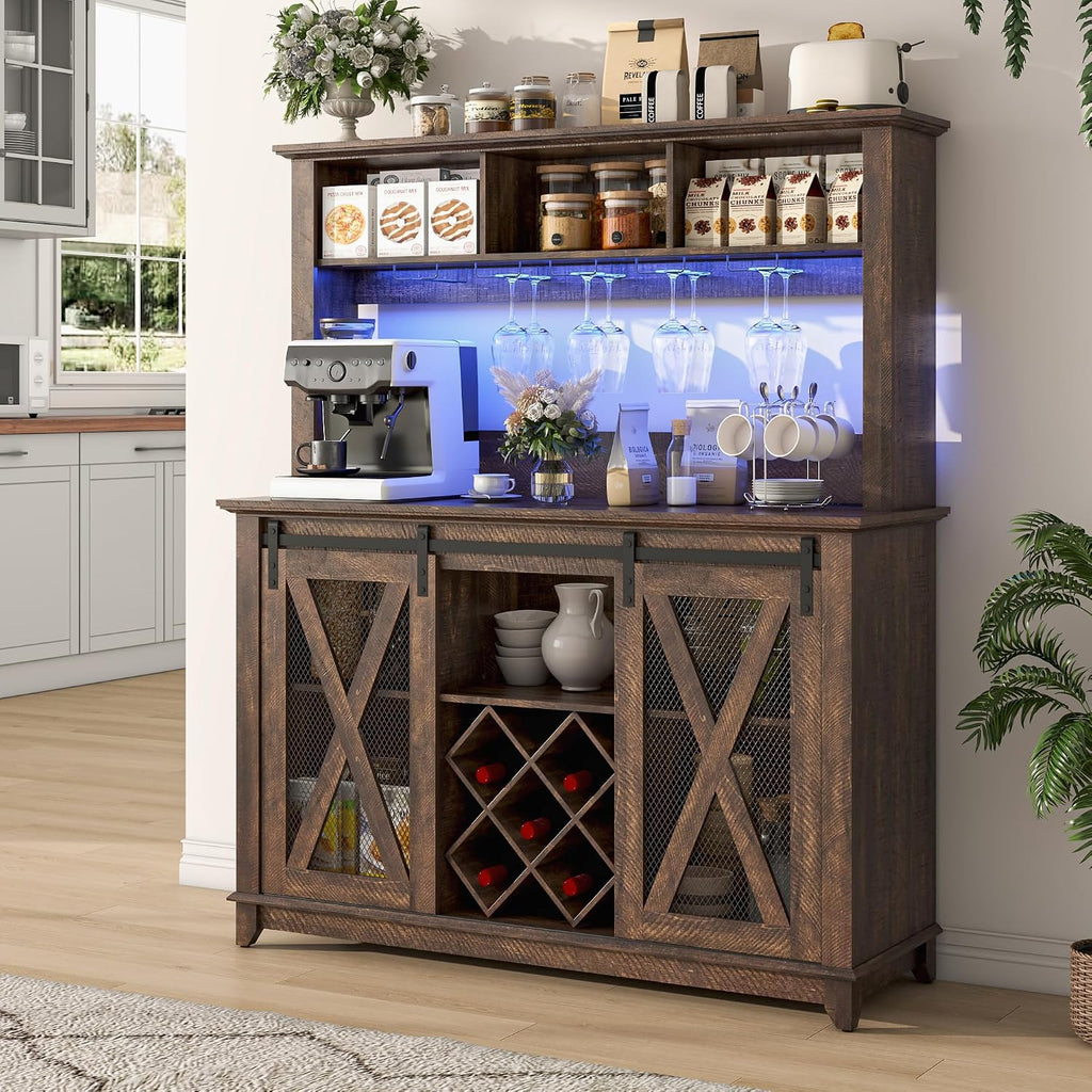 47"Wide 56"H Farmhouse Coffee Bar Cabinet with Power Outlet and LED Light,Wine Bar Cabinet w/3 Storage Hutch,Kitchen