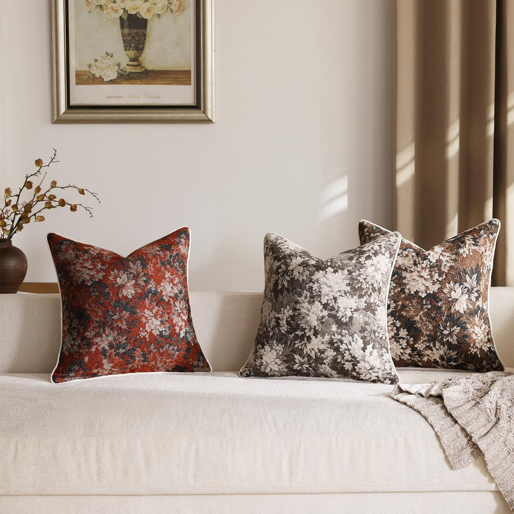 Pack of 2 Vintage Floral Euro Sham Covers 26x26 Boho Farmhouse Accents Chenille Square Decorative Throw Pillow Cases