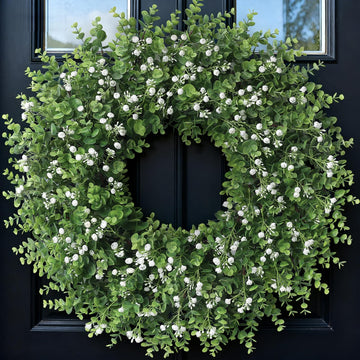 26" Artificial Eucalyptus Wreath with Flowers for Front Door (White-Green)