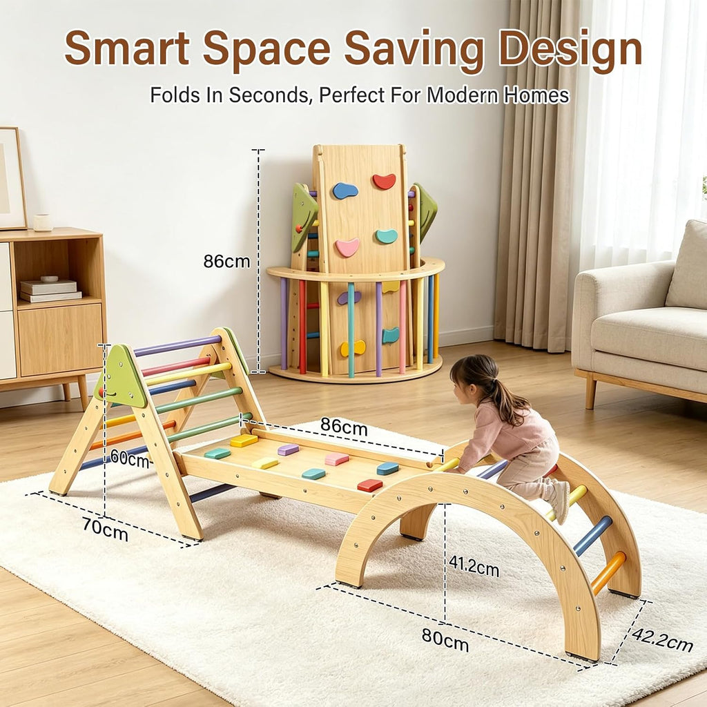 Foldable Triangle Climbing Set Wooden 7 in 1 Montessori Climber Toys for Toddlers 1-3 Baby Jungle Gym Indoor Slide