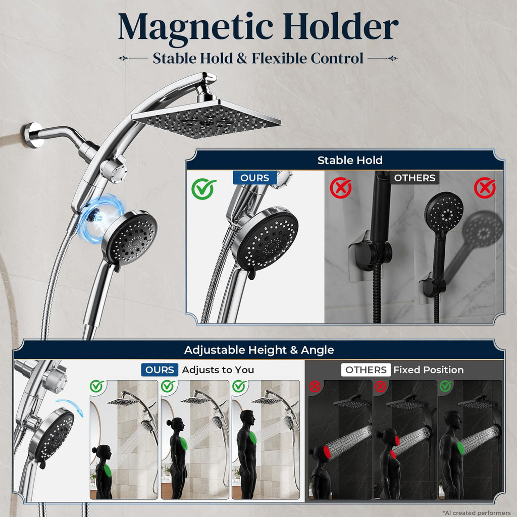 8"Square Rain Shower Head with Handheld, 8-Function Rainfall, Power Jet