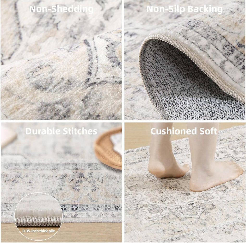 8x10 Area Rugs for Living Room: Washable Rug Non Slip Low Pile Soft Faux Wool Non Shedding Vintage Boho Large Carpet