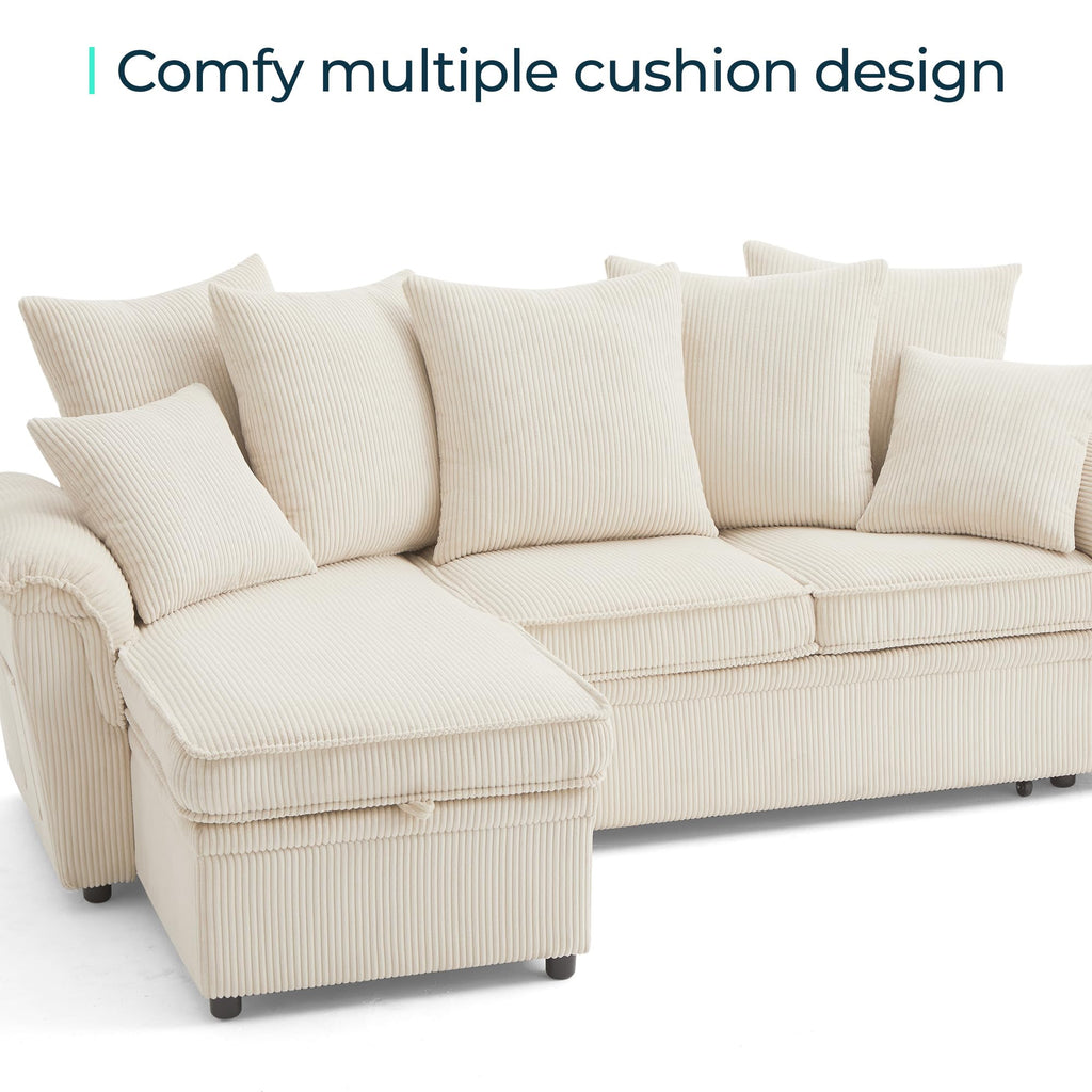 Sectional Couch with Pull Out Bed, Large Corduroy Modular Sleeper Sofa, Storage Chaise, Wide Armrest, 90" 3 Seats