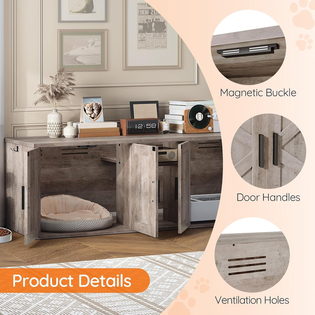 Double Litter Box Enclosure, Hidden Litter Box Enclosure with Corridor, Cat Litter Box Furniture with Storage Layer