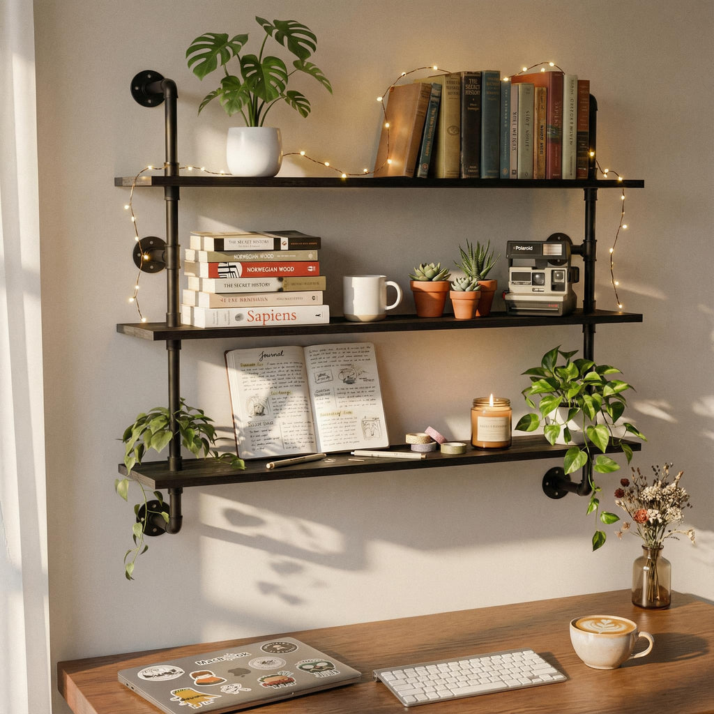 Industrial Pipe Shelving Rustic Black Wall Shelves with Wood Planks Industrial Floating Shelves 48 Inch 3 Tier