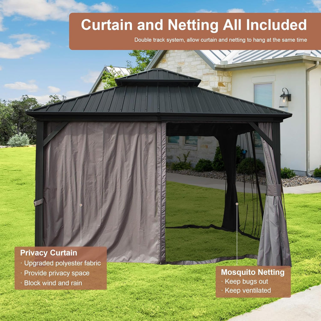 12’ x 12’ Hardtop Gazebo, Outdoor Aluminum Gazebo with Galvanized Steel Double Roof Canopy