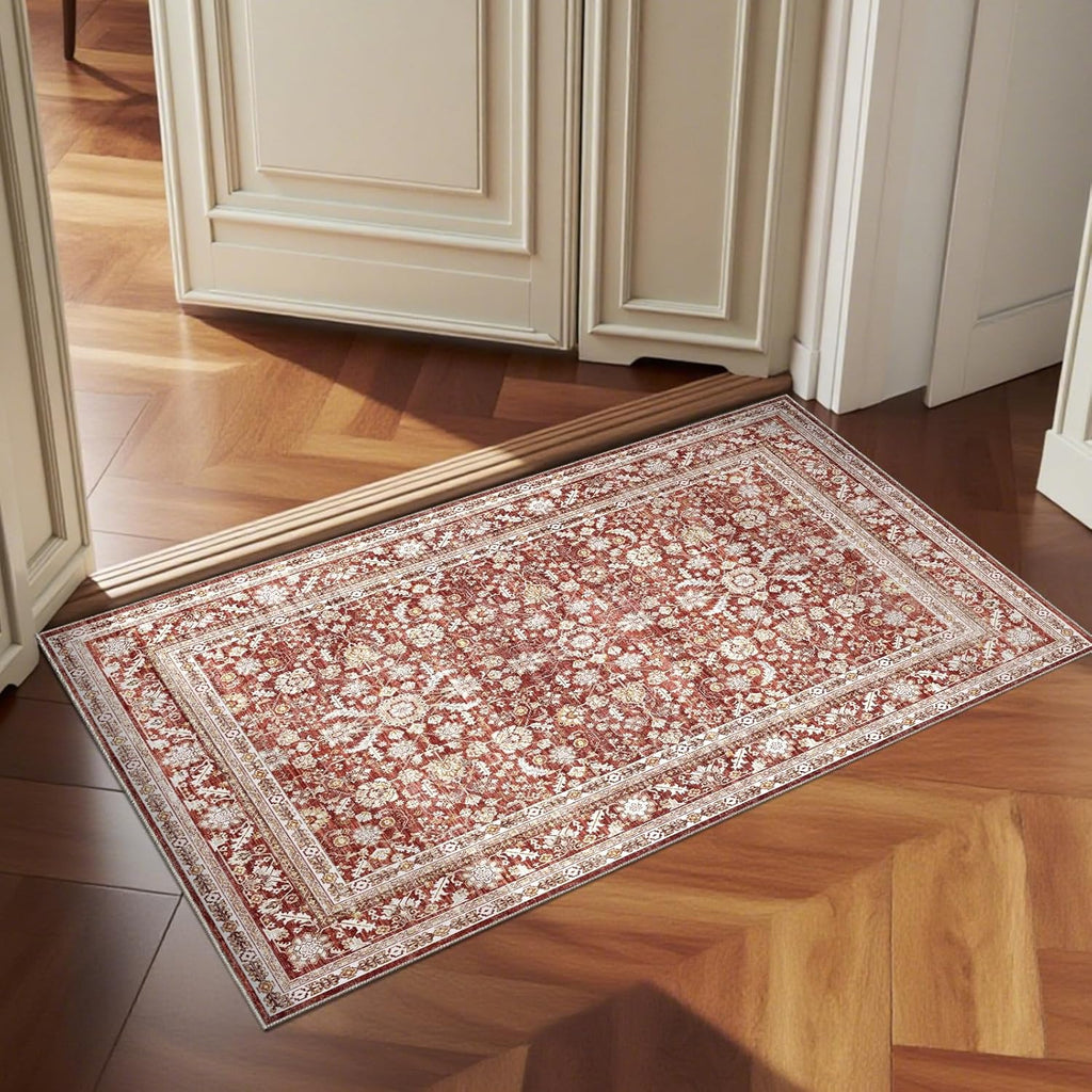 Vintage Red 2x3 Washable Rug, 2 x 3 Retro Door Mat Indoor Entrance Non Slip, Low-Pile Faux Wool Thro