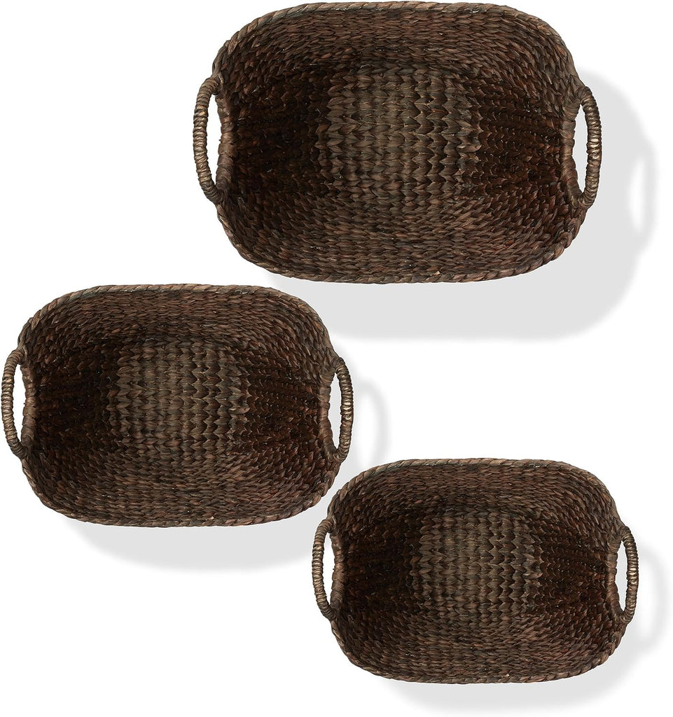 Set of 3 Multipurpose Boat Baskets with Handles - Espresso, Woven Water Hyacinth Storage Organizers for Throw