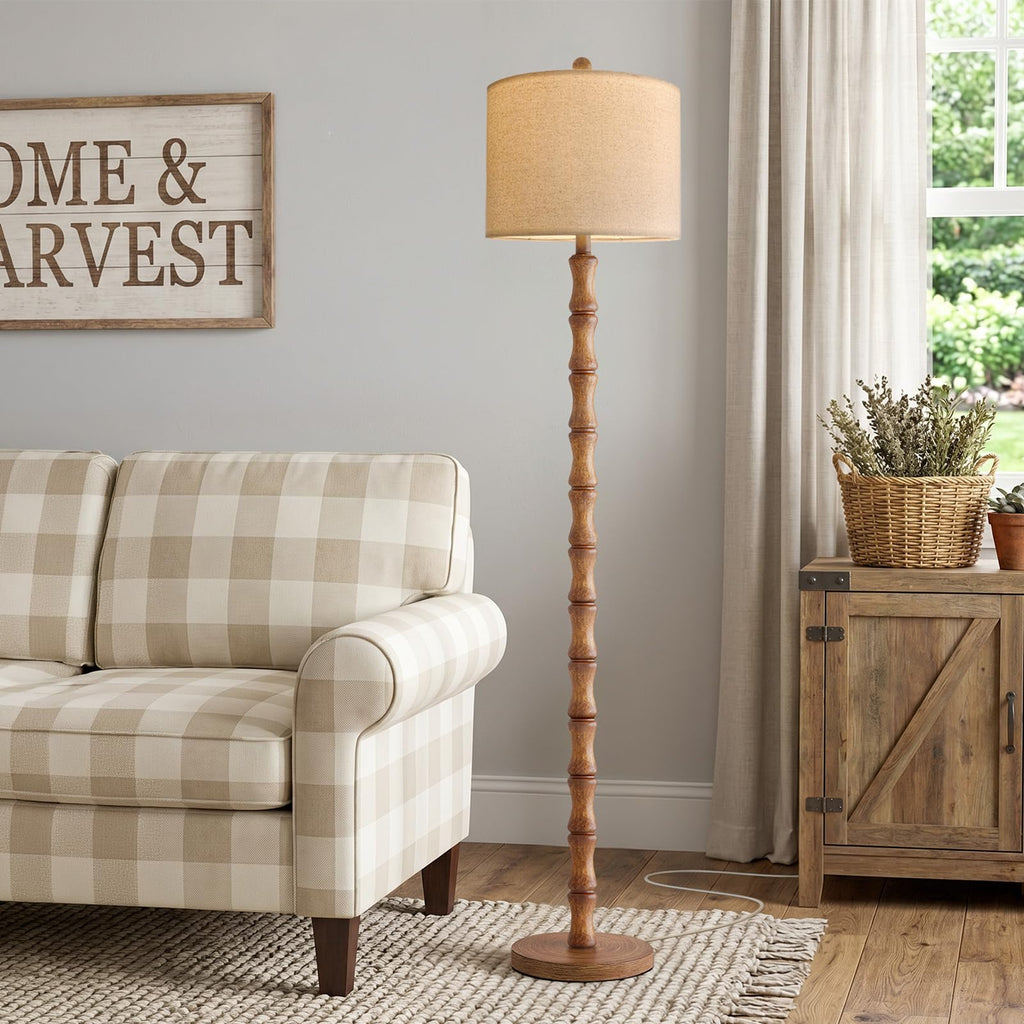 62" Farmhouse Floor Lamp, Rustic Standing Lamp with Linen Shade and Rotary Switch, Resin Corner Floor Lamp Decor