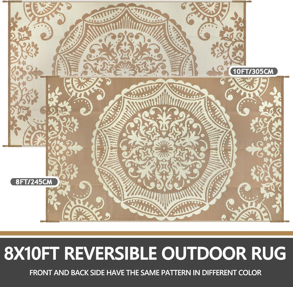 Outdoor Rug 8x10 Patio Waterproof Boho Floral Plastic Straw Rug Large Foldable Vintage Outside Carpet with Carry Bag