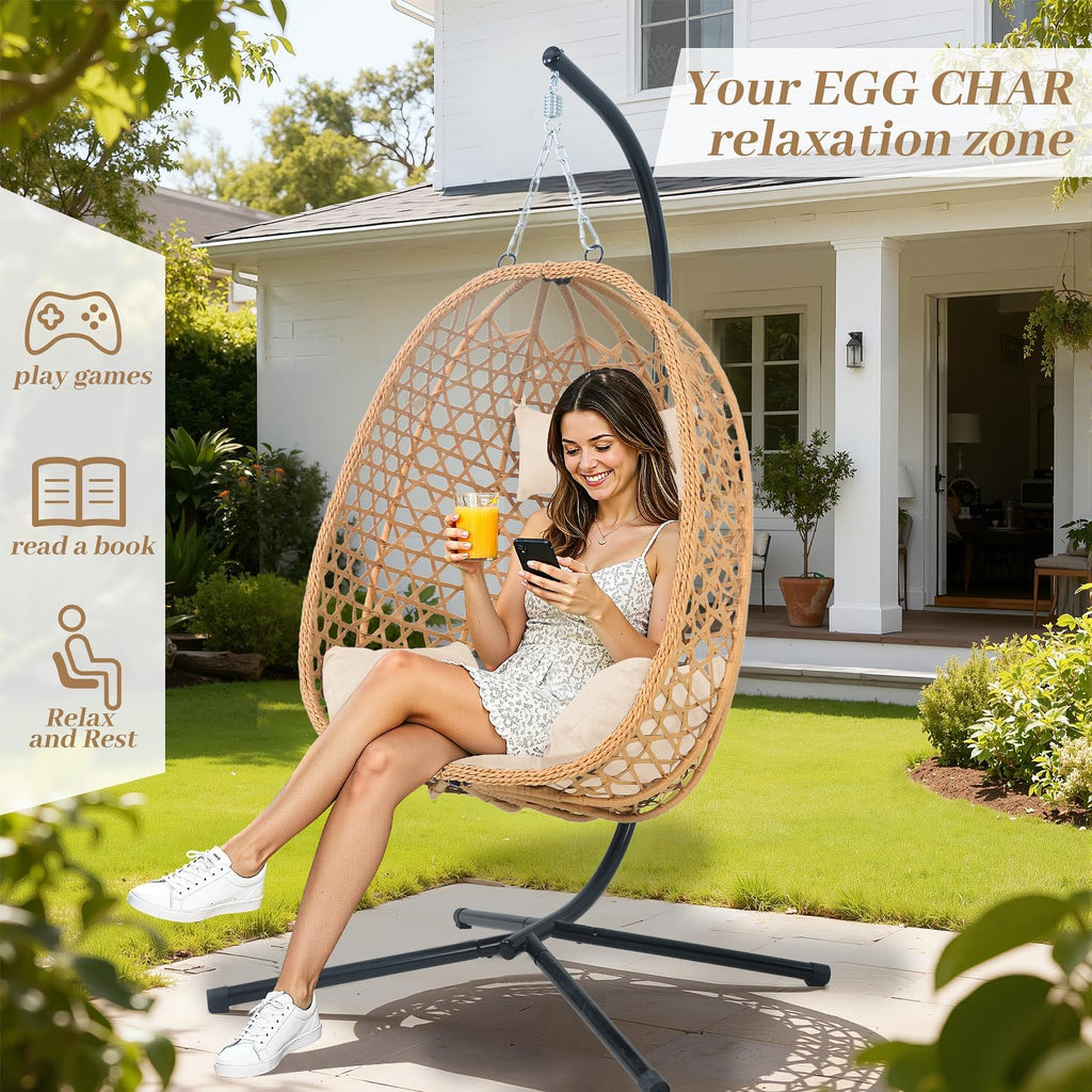 Hanging with Stand, 350LBS Capacity, Cream | HDPE rattan,Sturdy steel stand,Plush cushion,Easy