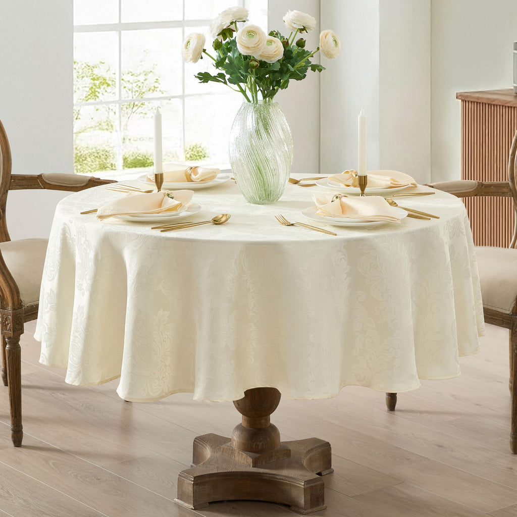 Barcelona Damask 70 Inch Round Tablecloth, Antique White