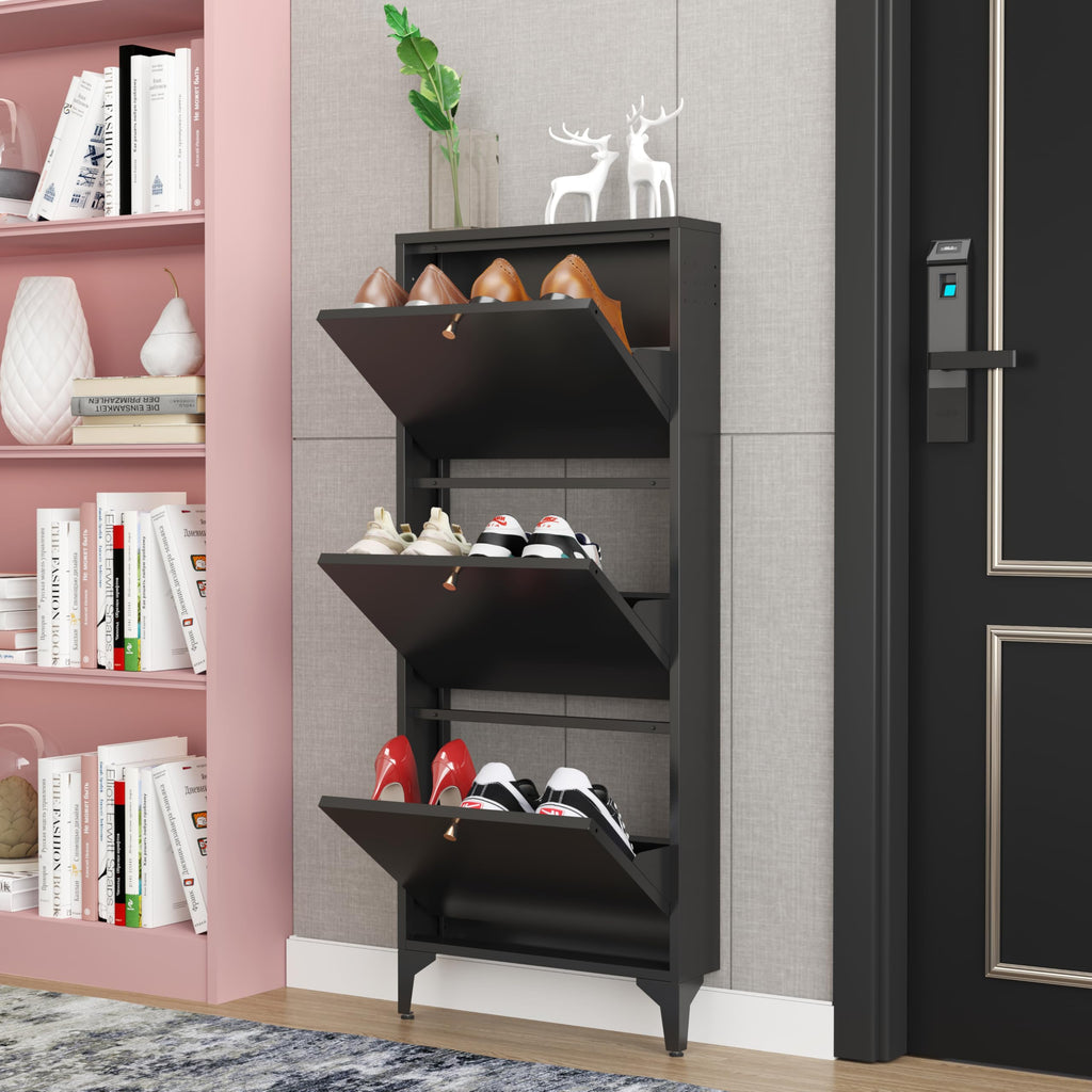 Shoe Cabinet with 3 Flip Drawers, Narrow Shoe Storage Cabinet, Farmhouse Shoe Organizer, Freestanding Organizer with