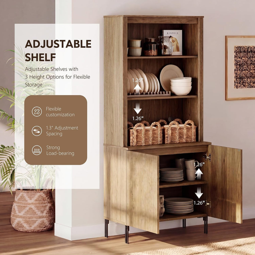 Modern 71.5" Tall Bookcase with 2 Doors, Fluted Bookcase with Storage and Adjustable Shelves, Wooden Storage Cabinet