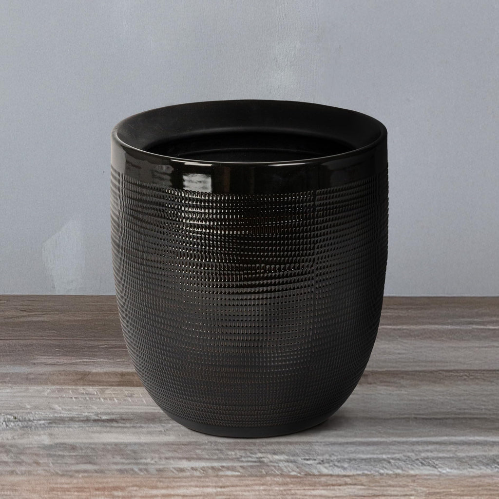 Embossed Textured Stoneware Planter, Matte Black