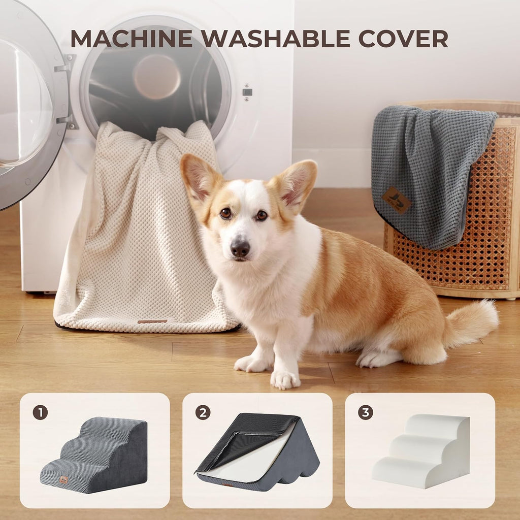 Dog Stairs for Small Dogs 13.5" H, 3 Step Dog ramp for Bed, Grey