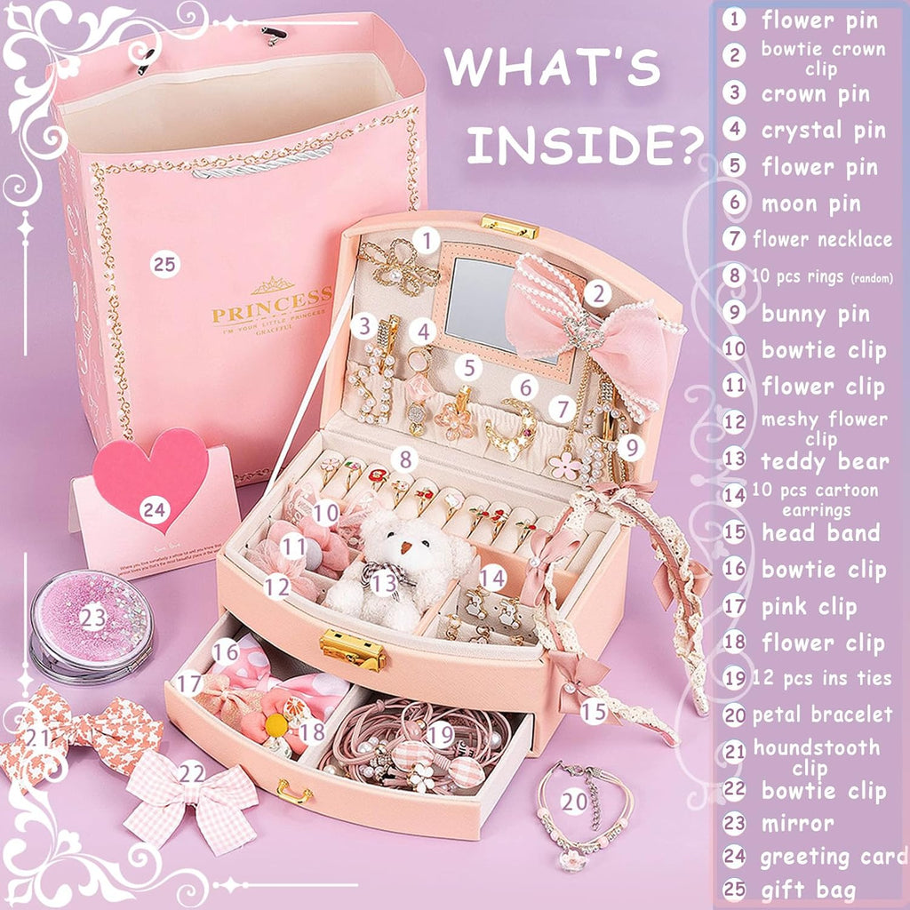 Princess Jewelry Box for Girls with Hair Accessories,Girls Hair Clips Bows Set, Fashion Hair Styling Kit
