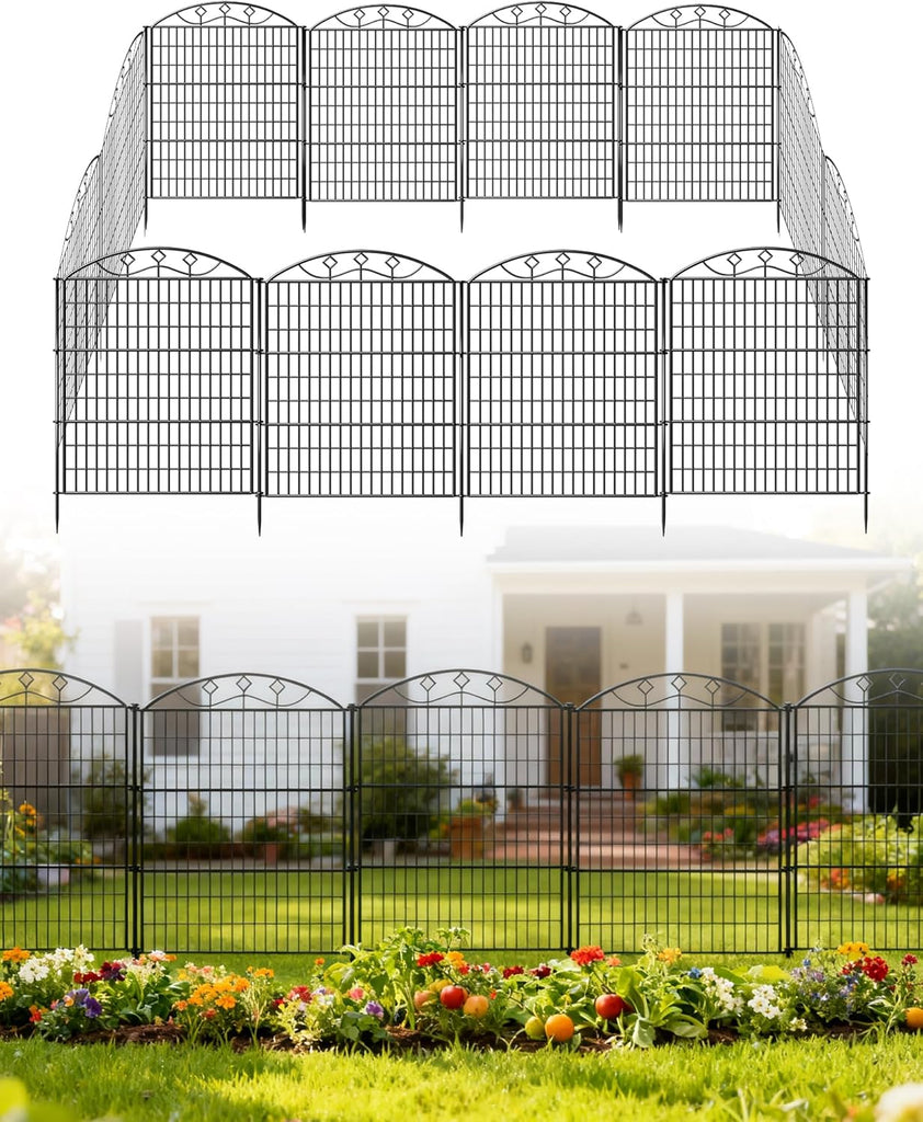 48in Extra Tall Garden Fence, 10-Panel Metal Animal Barrier, 24ft Long No Dig Temporary Fencing for Yard, Reusable