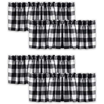 Buffalo Plaid Curtain Buffalo Window Valance, Black-White, 4 Pieces