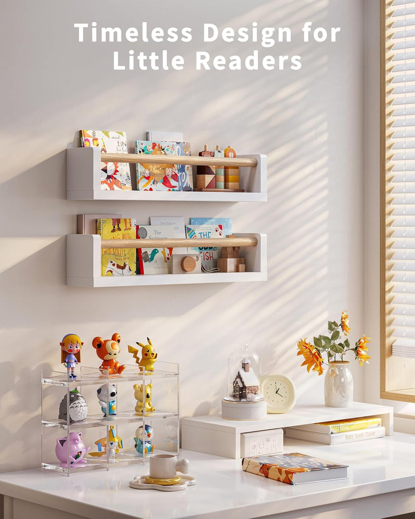 Nursery Book Shelves, 4 Pack, Wall Book Shelves for Kids Room, Baby, Toddler, Nursery Decor (White Wood, 16.5 Inches)