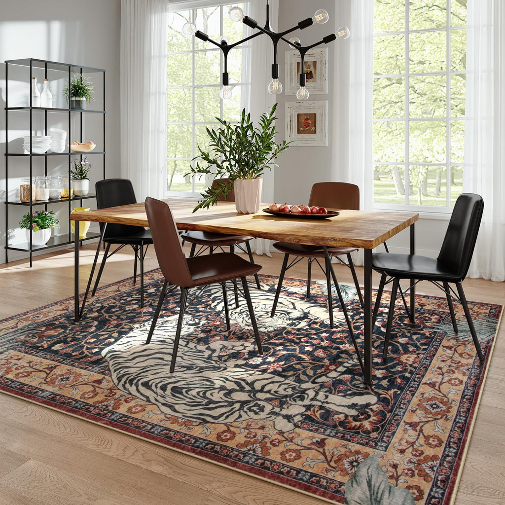 Tiger Washable Area Rugs 8x10, Large Boho Rugs, Vintage Non Slip Dining Room Rugs for Under Table, Ultra Thin Soft