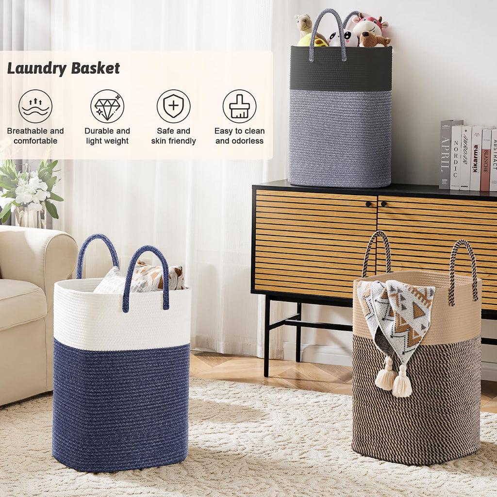 Cotton Rope Laundry Basket, Woven Clothes Hamper, 80L