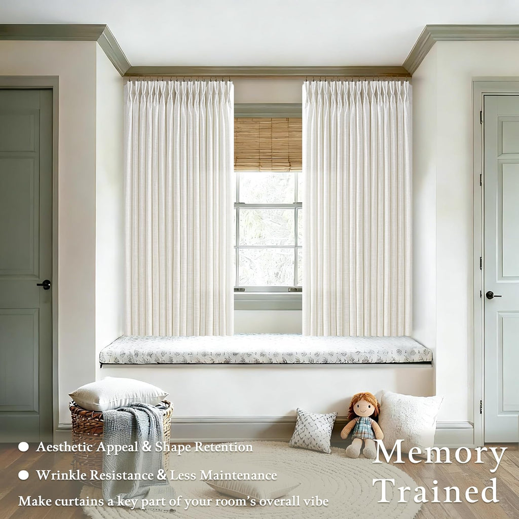 Farmhouse Linen Pleat Ivory Cream Semi Sheer Curtains 80 Inch Long 2 Panels