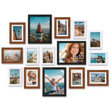 15 Pack Gallery Wall Frame Set, Black, Walnut Brown, White