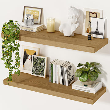 12 Inch Deep Floating Shelves, 36 X 12 Inch, Oak, Set of 2