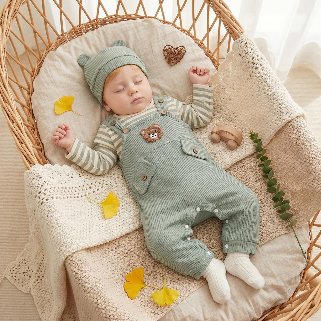 Newborn Infant Baby Boy Fall Outfits Striped Romper Overall Pants Set