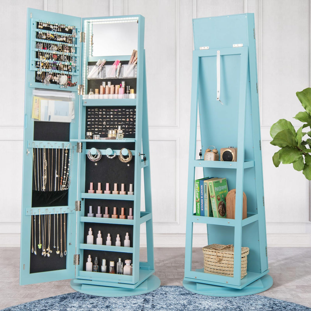 360° Rotating Jewelry Cabinet with Full-Length Mirror, Freestanding Jewelry Armoire with 3-Color LED Light and Back