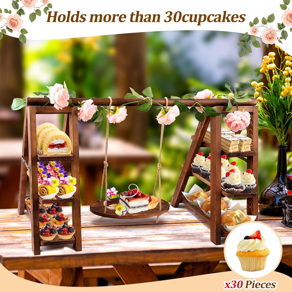 3 Tier Wooden Cupcake Stand with Swing and Flower Decoration | Large Dessert Stands with Serving Tray, Removable