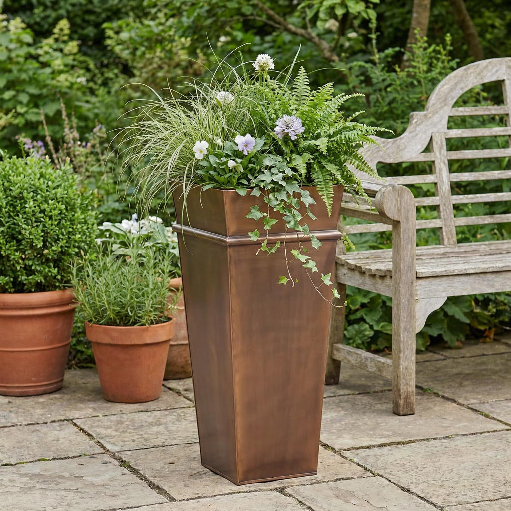 33 Inch Tall Square Planter, Antique Copper, Lift Out Insert