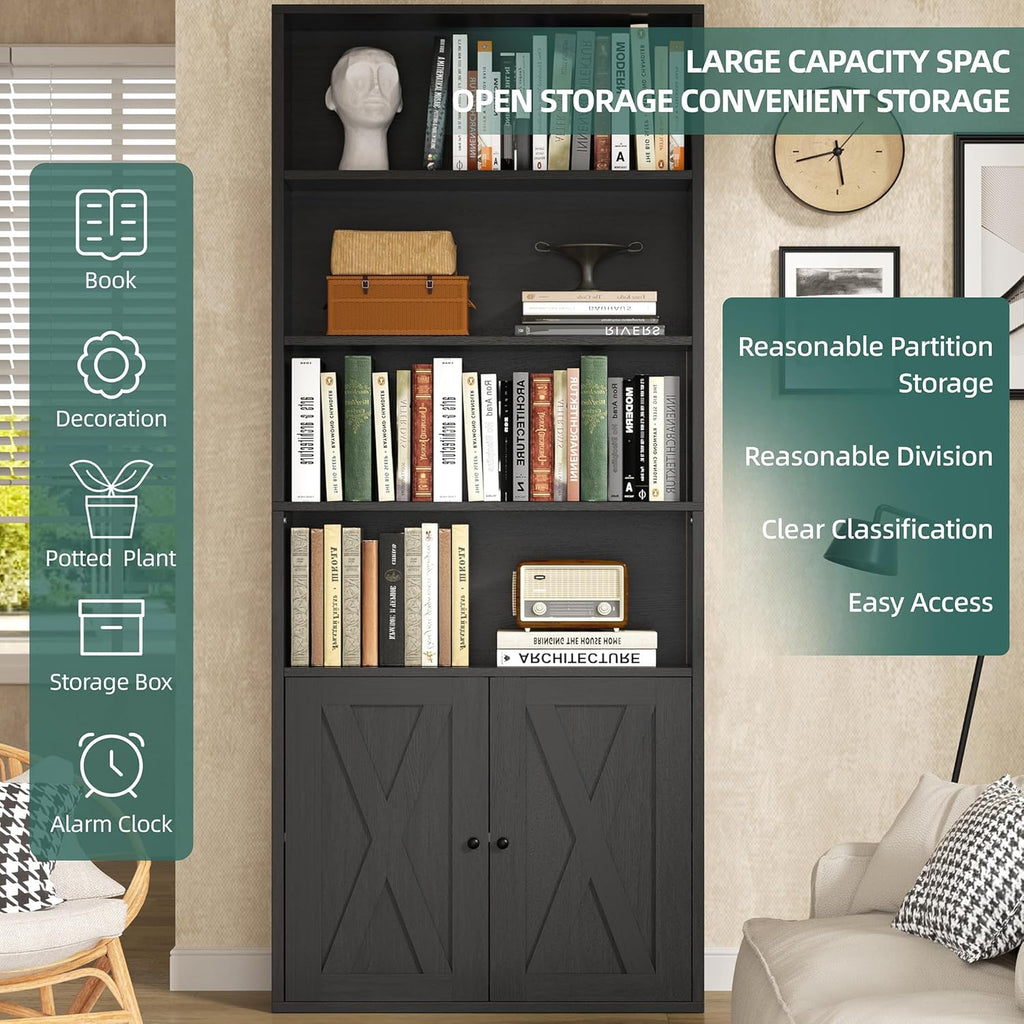 Bookshelf, Industrial Bookshelves and Bookcases with Doors Floor Standing 6 Shelf Display Storage Shelves 70.9 inches