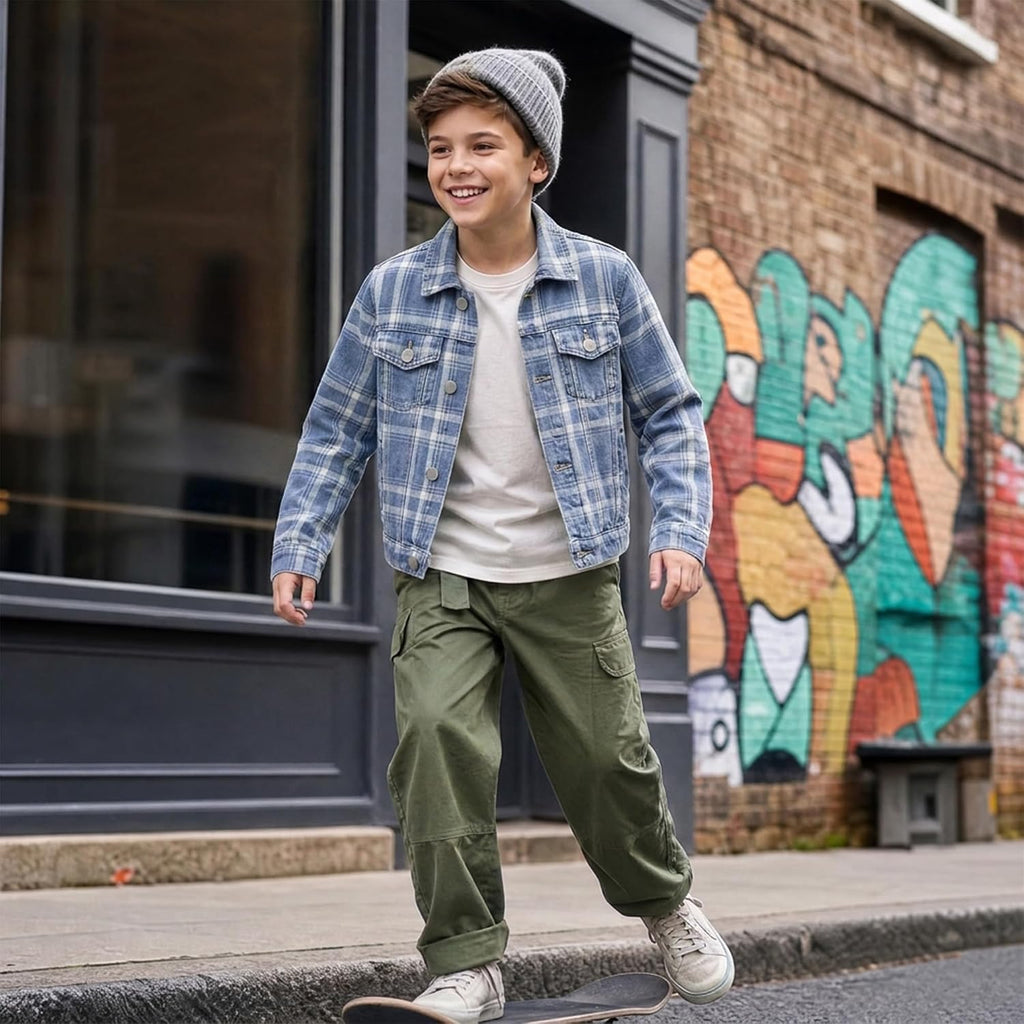Boys Plaid Denim Jacket Trucker Shacket Kids School Jean Coat