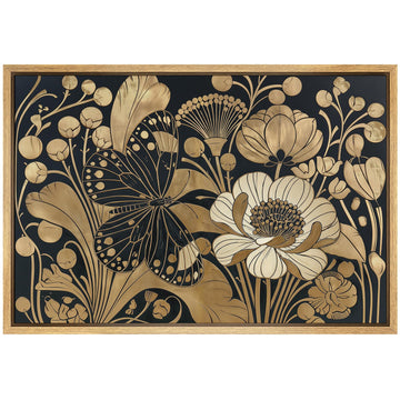 Framed Canvas Print Wall Art Black Gold Art Nouveau Butterfly Floral Illustrations Modern Art Decorative Zen - 16""
