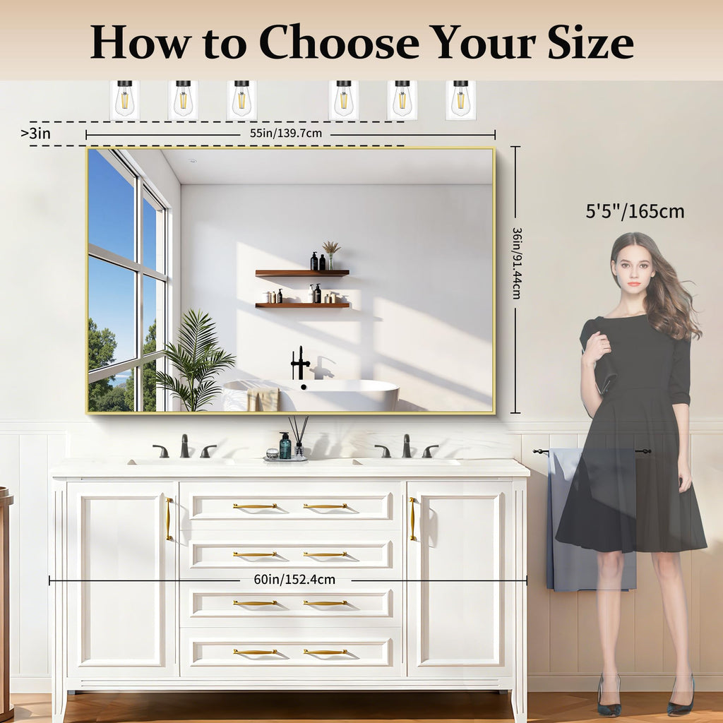 36x55inch Bathroom Mirror, Gold Rectangle Mirror with Thin Metal Frame, Large Rectangular Wall Mirror, Hair Salon