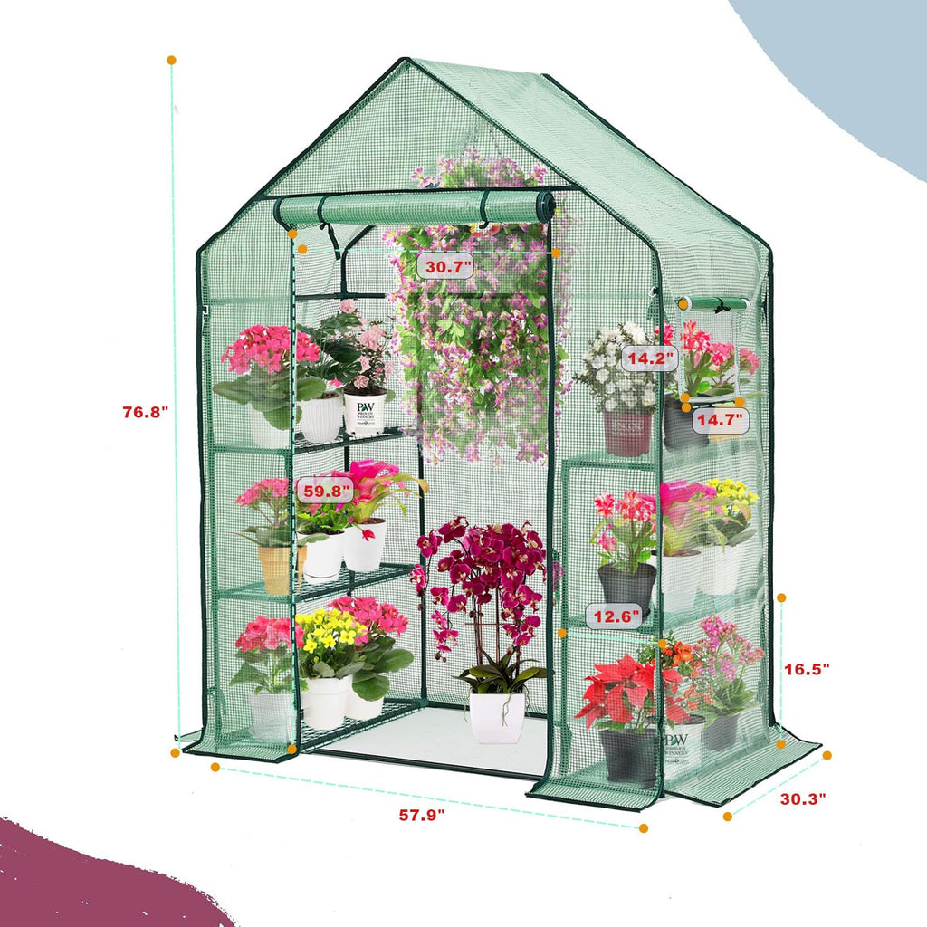 Walk-in Greenhouse for Outdoors w/ Mesh Side Windows, 3 Tiers 6 Shelves PE Cover Green House Portable Warm House for