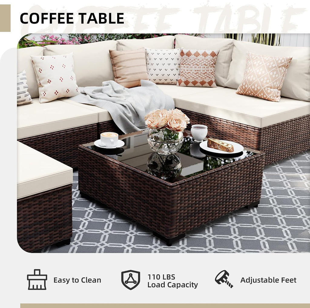 7-Piece Wicker Patio Furniture Set with Coffee Table, White | Outdoor sectional sofa set, patio conversation set for