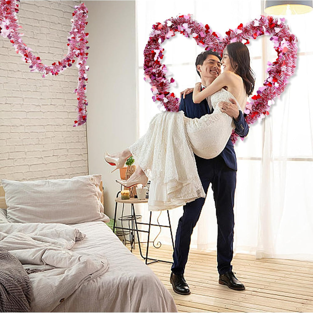 Valentines Garland Decor,50Ft Glitter Tinsel Heart Garland Decorations for Tree Mantle Bedroom Office Classroom Party - Set of 50