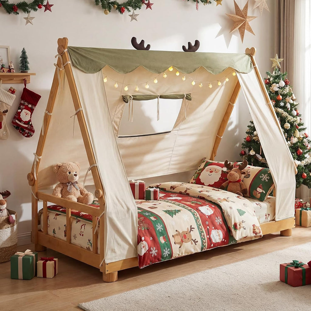 Twin Bed Frames for Kids, Wooden House Antlers-Shaped Floor Bed | Montessori Kids Bed w/Tent, Window, Fence Guard
