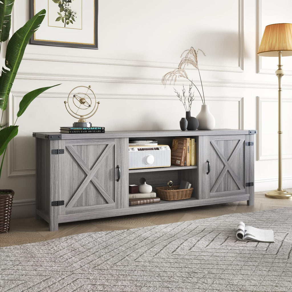 Modern Farmhouse TV Stand with Barn Door for 65 Inch TV, Gray Wash