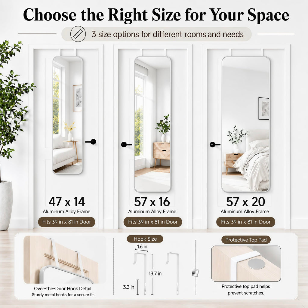 47x14" Full Length Mirror Over the Door Hang or Wall Mounted Silver