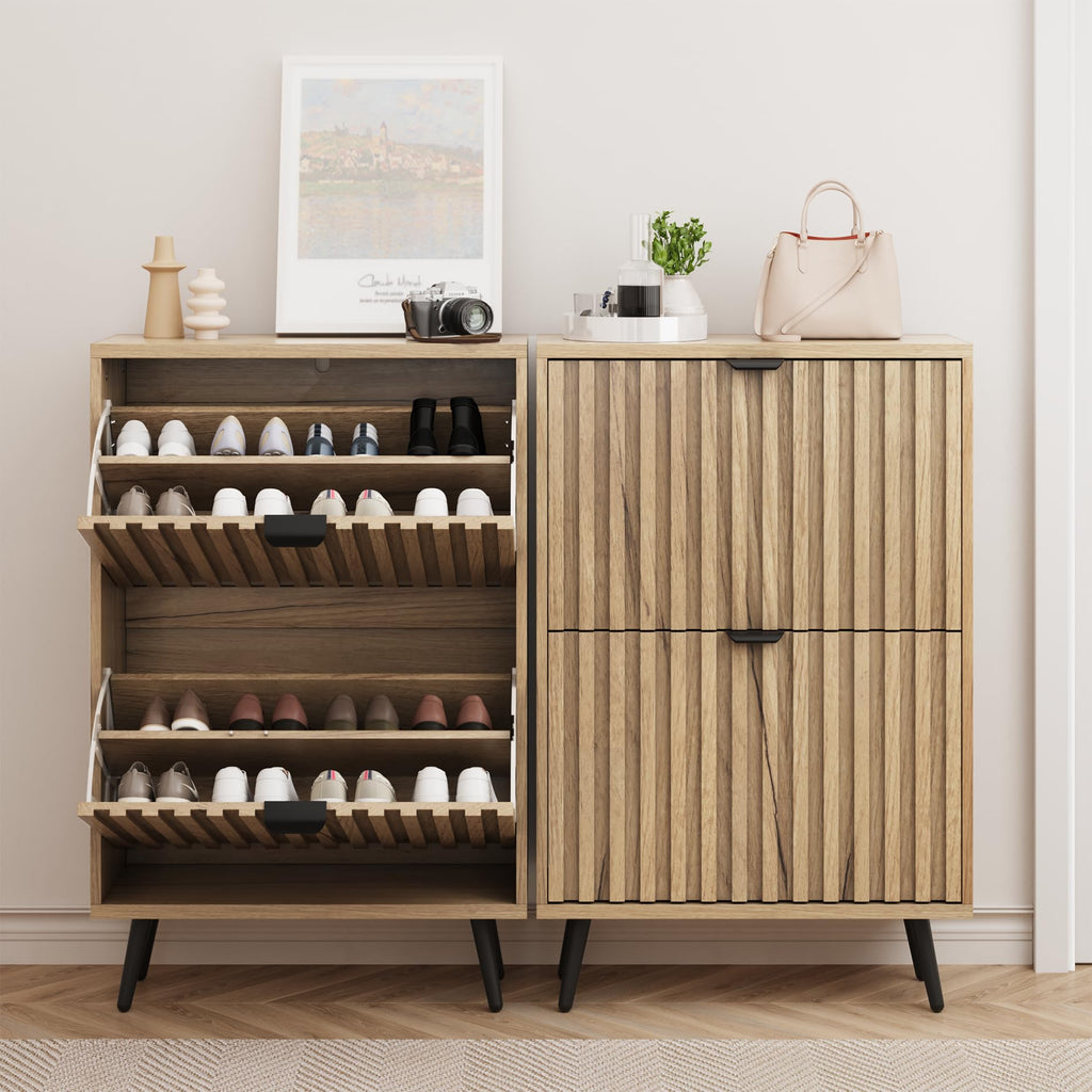 Shoe Cabinet with 2 Flip Drawers, 23.6" Natural Hidden Shoe Storage Cabinet with Fluted Design, Freestanding Shoe