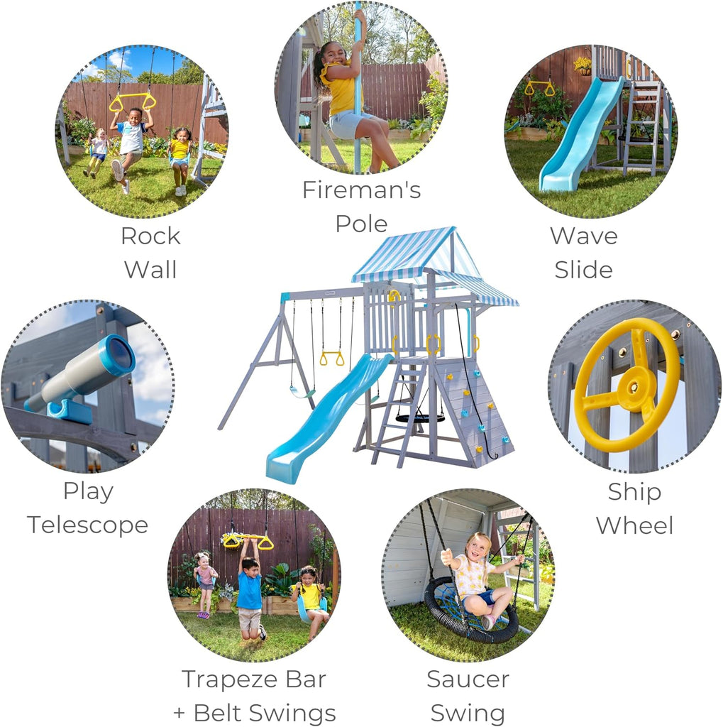Kids Laguna Outdoor Wooden Swing Set, Gray & Aqua | Slide, Rock Climbing Wall, Fireman Pole & Trapeze Bar, Ages 3-10